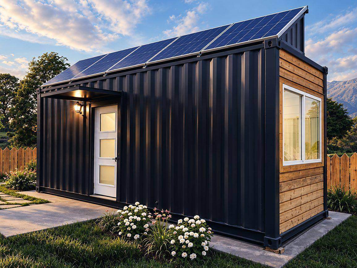 Black container studio with timber-clad end, solar roof and a garden path beside a fence
