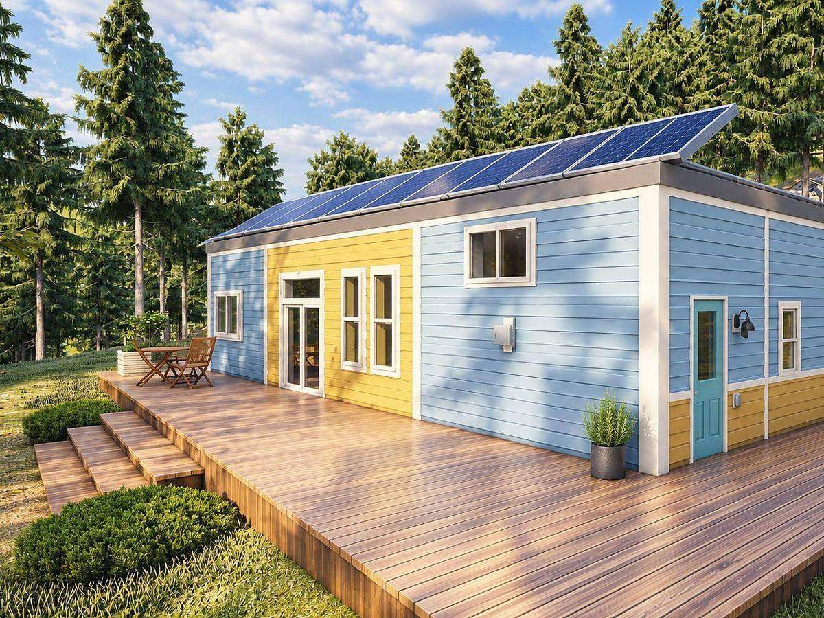 Blue and yellow clad container family home with a solar roof and a large timber deck among pines