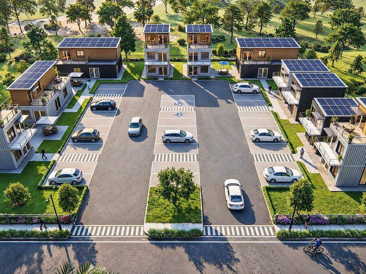 Aerial view of two-story container townhouses with solar roofs around a shared parking court