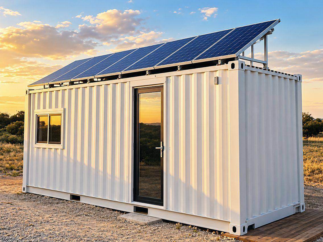 White container studio with a tilted solar array on the roof at sunset on dry land