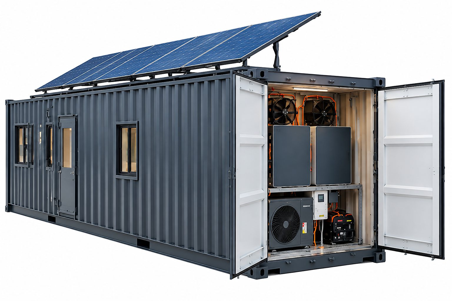 Off-grid 40 ft unit with solar roof and open equipment room