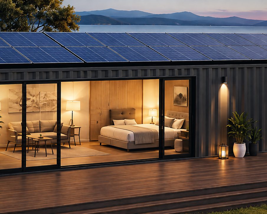 Black 40 ft container home at dusk with solar roof and glass doors open to the bedroom