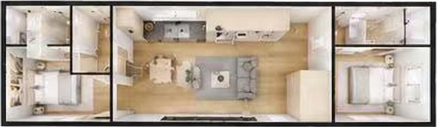 Three-Bedroom floor plan, top-down view
