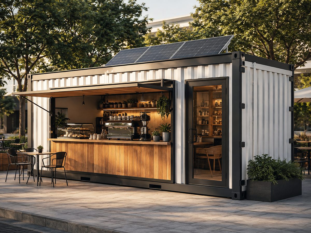 Container café with a lift-up service window, timber counter and outdoor seating