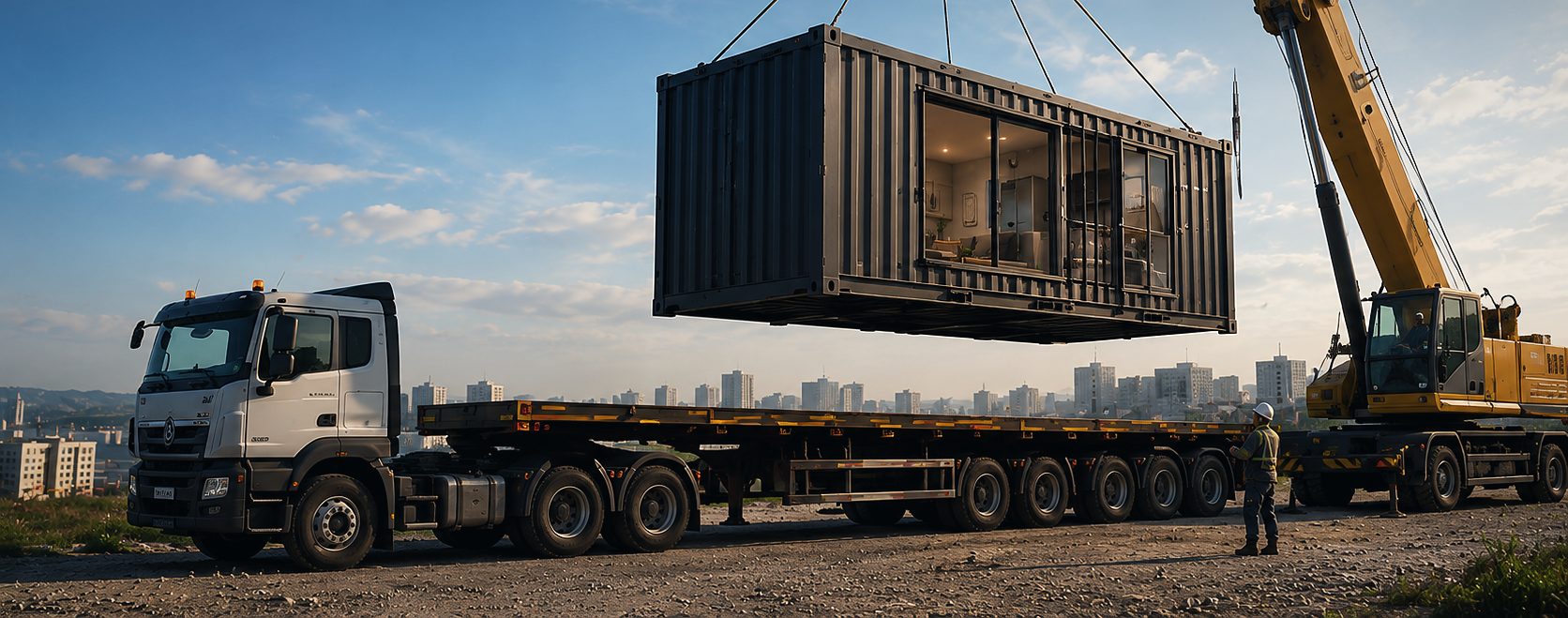 Crane lifting a finished container home onto a flatbed truck